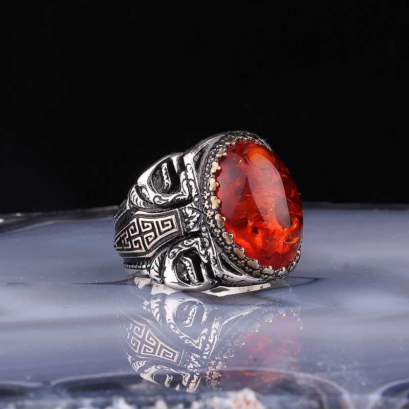 Silver Oval Men's Ring with Amber Stone image 0