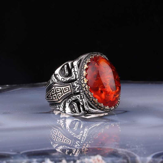 Silver Oval Men's Ring with Amber Stone image 0