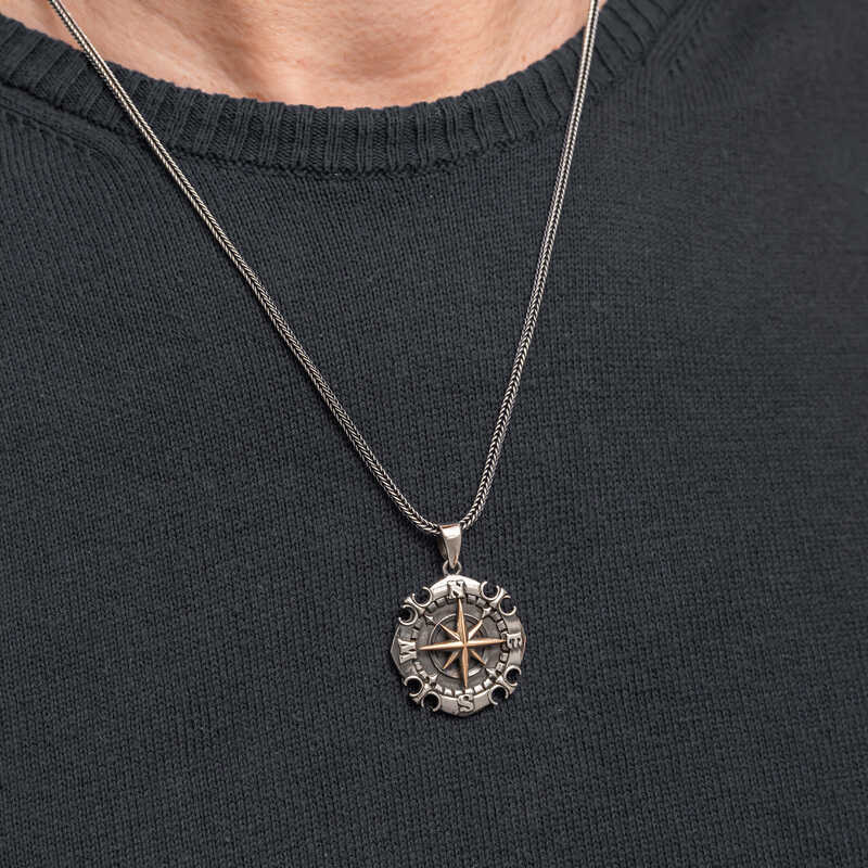 Silver Oxidized Compass Men's Necklace image 1